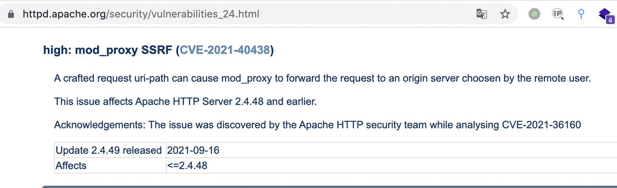 CVE-2021-40438 Apache mod_proxy SSRF via uri-path 
httpd.apache.org/security/vulne…

demo: github.com/CHYbeta/OddPro…

analysis:
1、firzen.de/building-a-poc…
2、articles.zsxq.com/id_8fvzqudhj1f… （chinese）