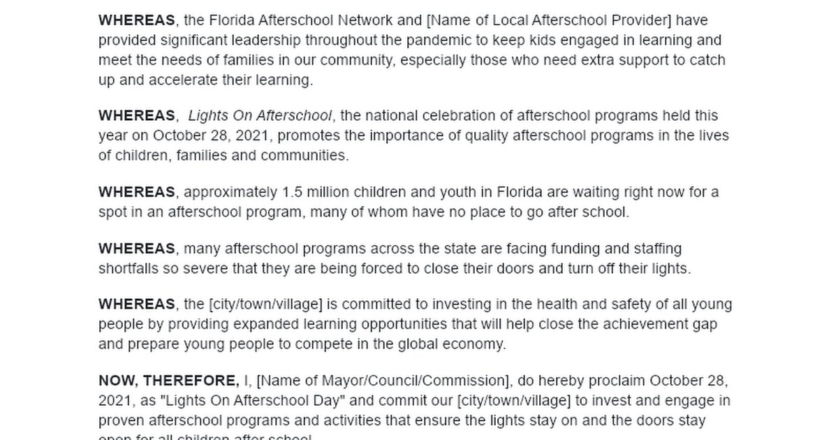 FLafterschool's tweet photo. It is never to early to celebrate #LightOnAfterschool! You can start getting the word out by contacting your local mayor to request a proclamation. Linked below is a sample to help get you started. https://t.co/U9kWTFdLzv #FLafterschool https://t.co/mscXgLHehN