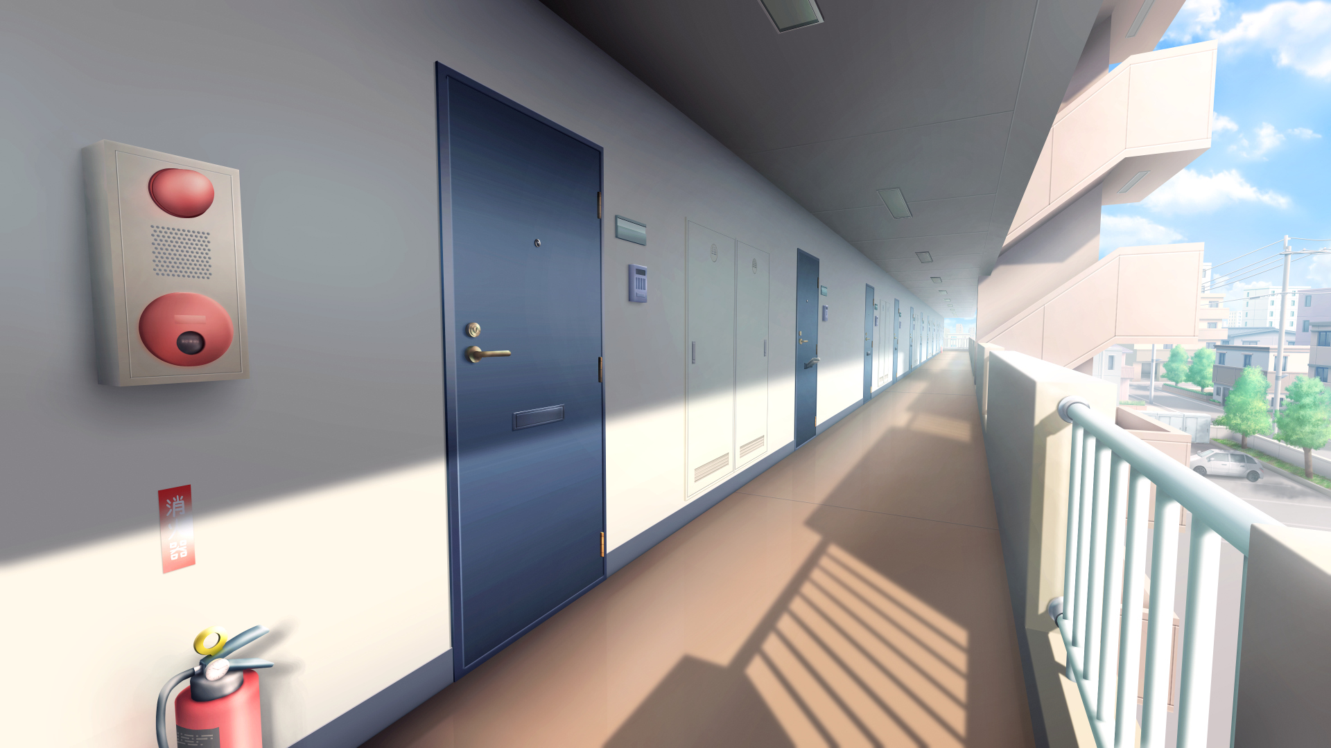 みんちりえ 背景イラストのフリー素材サイト フリー背景素材 マンションの外廊下 追加 差分3枚 日中 夕方 夜 T Co Sqqdjbryer T Co Pckojuczx6 Twitter
