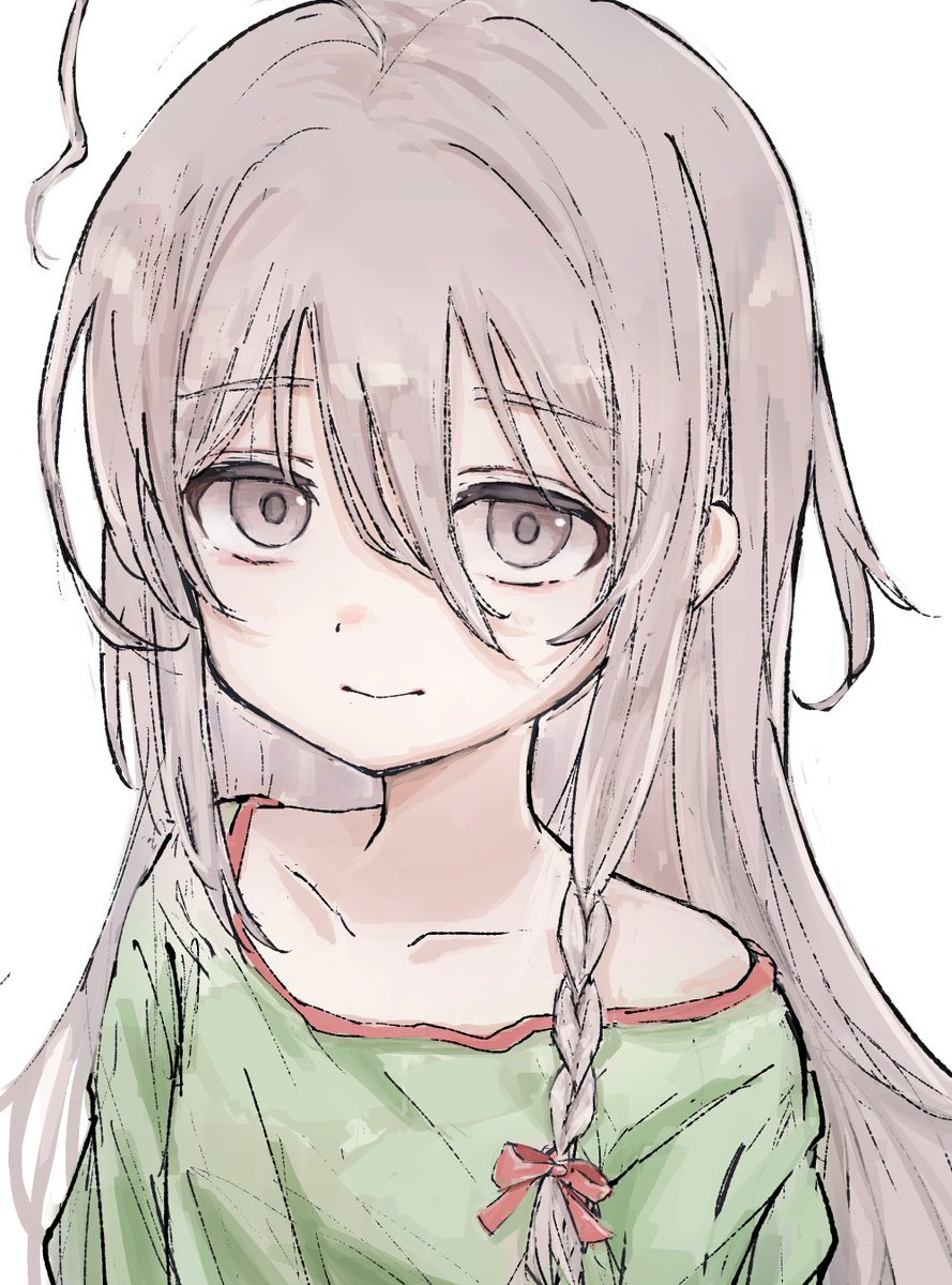 hoshi syoko 1girl solo braid long hair green shirt ahoge white background  illustration images