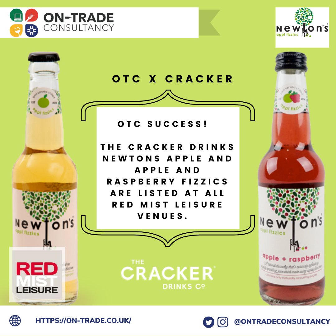 On-Trade Consultancy have secured the listing of <a href="/CrackerDrinksCo/">Cracker Drinks Co</a>  Newton's Apple and Raspberry and Apple Fizzics at all Red Mist Leisure venues!!! Our team are very proud to have facilitated this.

#OTC #ontradeconsultancy #cracker #redmistleisures #drinks