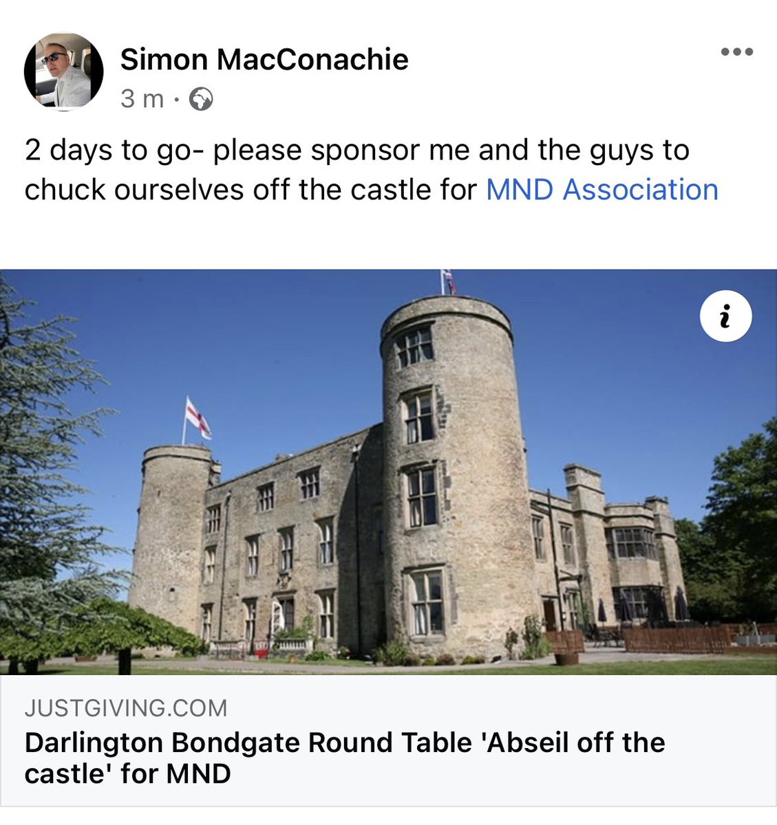 Simon MacConachie (@simac333) on Twitter photo 2 days to go - please spare a few quid if you can. <a href="/MNDDurhamDarlo/">MND Durham and Darlington Group</a> <a href="/mndassoc/">MND Association</a> <a href="/DarlingtonRT/">Darlington Round Table</a> <a href="/BWwalworth/">Walworth Castle</a> #darlington 2 days to go - please spare a few quid if you can. <a href="/MNDDurhamDarlo/">MND Durham and Darlington Group</a> <a href="/mndassoc/">MND Association</a> <a href="/DarlingtonRT/">Darlington Round Table</a> <a href="/BWwalworth/">Walworth Castle</a> #darlington