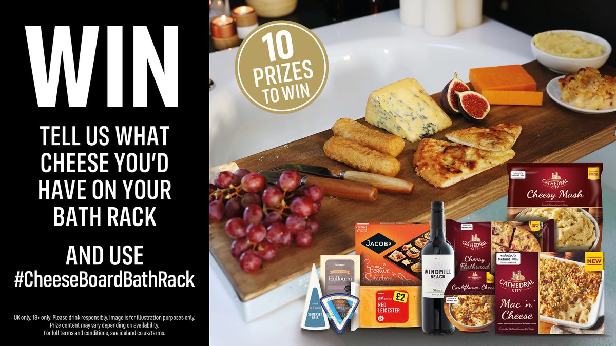 Iceland Foods ❄️ (@icelandfoods) on Twitter photo Our Cheese Board Bath Rack is sold out, but we’ve kept back 10 to give away!
Reply telling us what cheese you’d have on yours using #CheeseInTheBath and RT this tweet to be in with a chance of winning!
Good Luck 🧀
Ends midnight 17.10.21. For terms: iceland.co.uk/terms Our Cheese Board Bath Rack is sold out, but we’ve kept back 10 to give away!
Reply telling us what cheese you’d have on yours using #CheeseInTheBath and RT this tweet to be in with a chance of winning!
Good Luck 🧀
Ends midnight 17.10.21. For terms: iceland.co.uk/terms