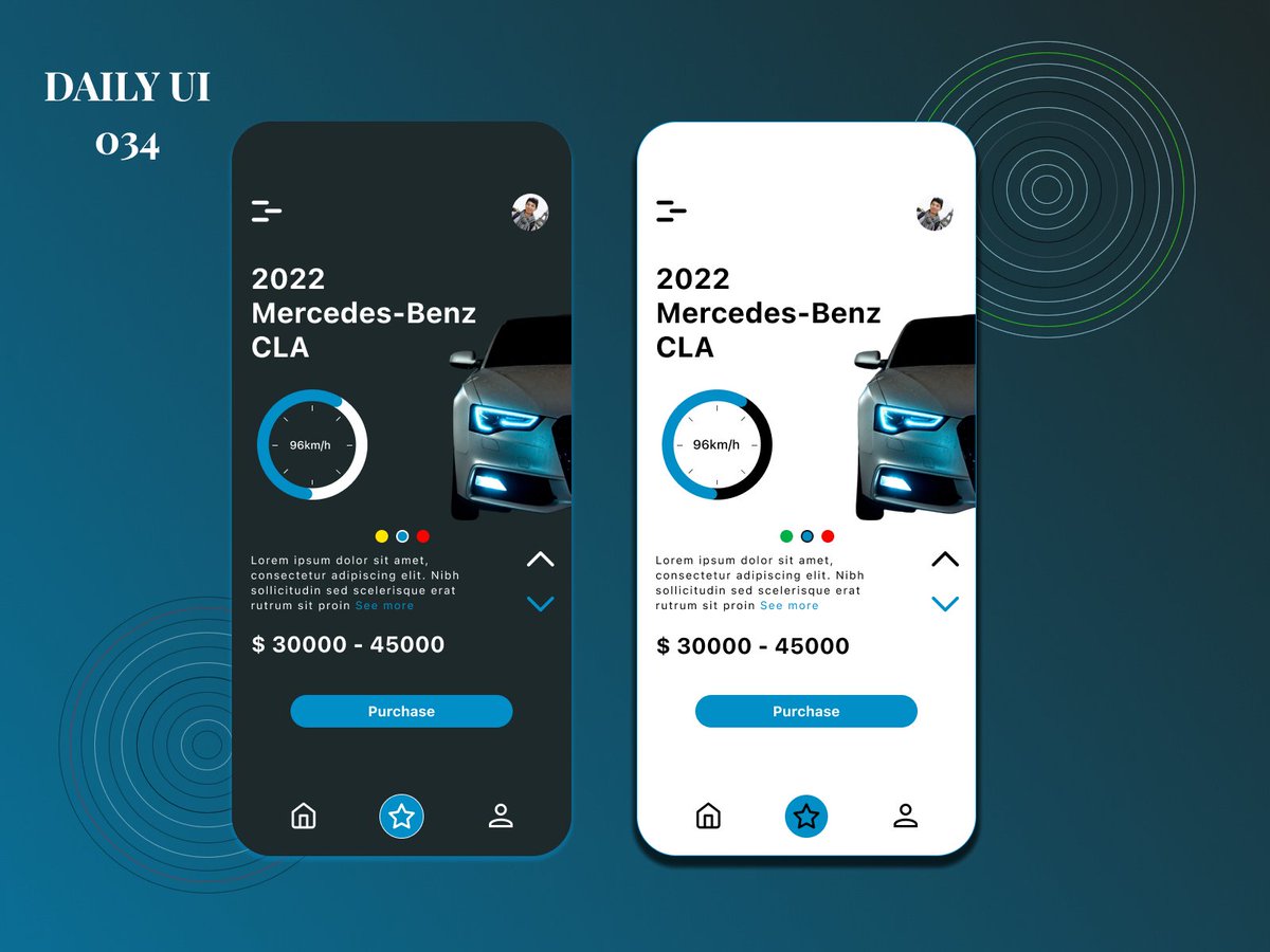 the_tobifemi's tweet photo. Hey guys🖐️
Day 34 is a car interface. Well, let's say I kinda switched it up. I decided not to use the conventional swipe buttons but try something different.
Tool: Figma
Daily UI 034 #100dayschallenge #dailyui #uiux #uxintern #uiintern #uiuxinternship https://t.co/34m4EN4P5n