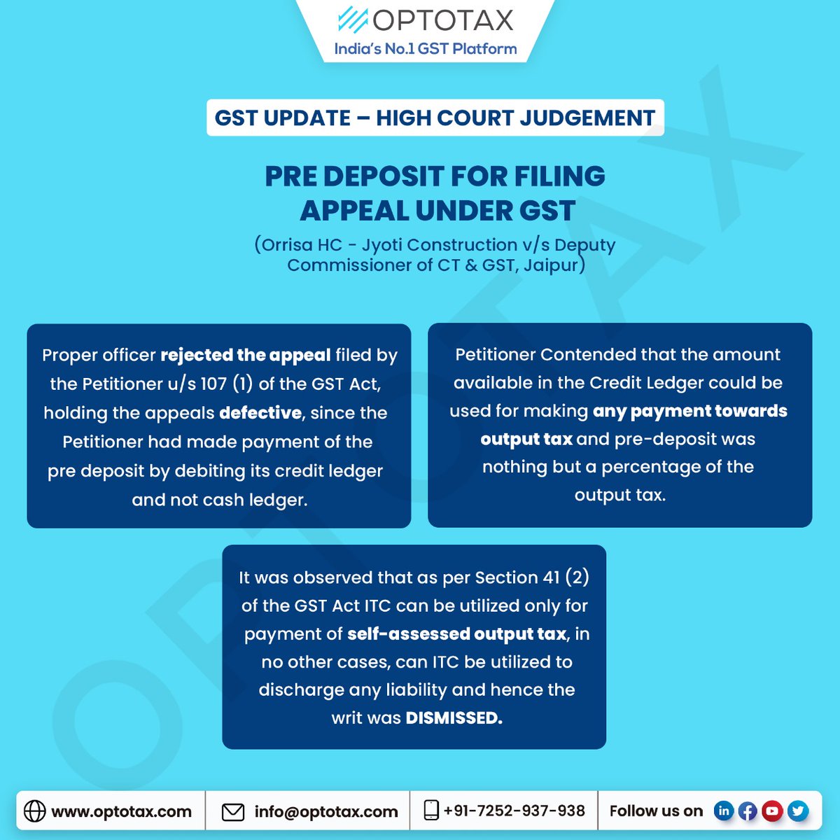 optotax_gst's tweet photo. Optotax GST Update:

Pre Deposit for Filing Appeal under GST
(Refer to the below image to know more)

#optotax #GST #gstupdate #predeposit #appeal #payments #outputtax https://t.co/3sRRdlw32e