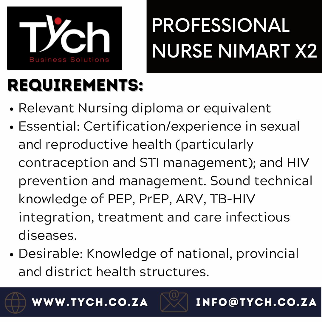 TychTeam's tweet photo. CLOSING DATE 21 OCTOBER 2021
APPLY by emailing your CV to info@tych.co.za with email subject heading "PROFESSIONAL NURSE MOPANI" OR "PROFESSIONAL NURSE CAPRICORN", depending on the area/district you are applying for.
#jobs #employment #JobSeekersSA #professionalnurse #NIMART https://t.co/FzyHUVVaUL