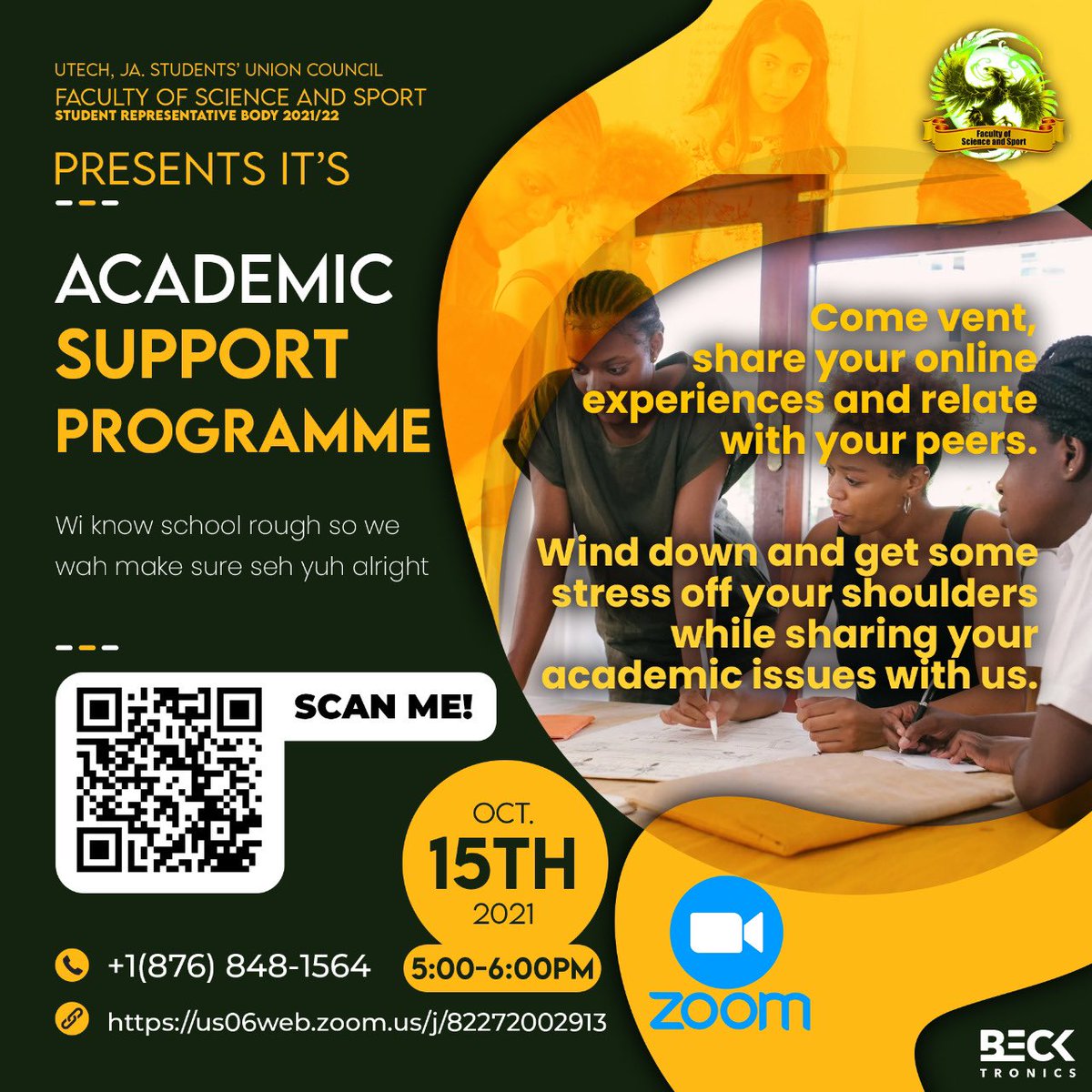 PhoenixFoss's tweet photo. The Faculty of Science and Sport Presents it’s Academic Support Programme. Come vent, share your online experiences and relate with your peers via interactive questions. 

Today October 15,3021 @ 5pm

Join us using the zoom link: https://t.co/SNjcSOMElk https://t.co/SGWBTMdl3m