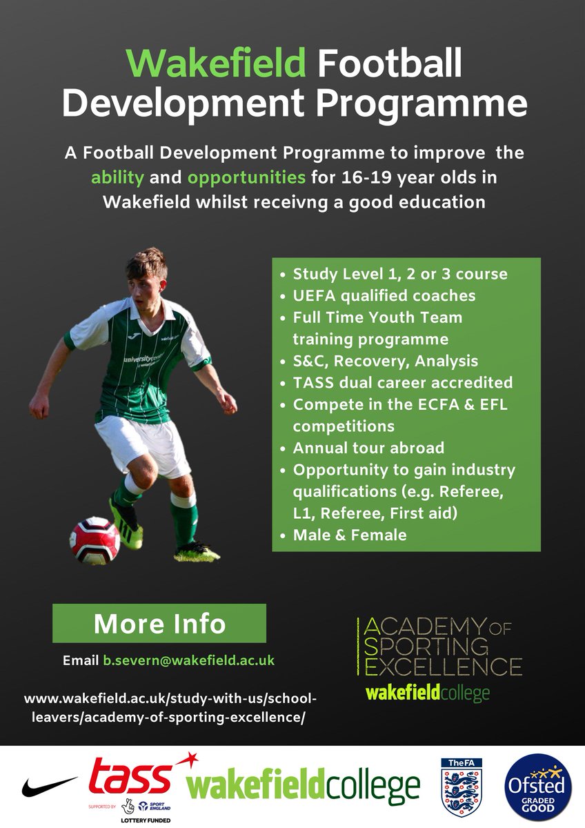 🚨Open Event - Wed 20 Oct, 5-7pm🚨

⚽️Want to be part of the most established full time Football Development Programme in Wakefield?

🧑‍🎓Study a variety of courses suited to your needs

🏃UEFA qualified coaches and player pathways

📍City Campus, Wakefield, WF1 2DH

<a href="/WkfdOfficial/">Wakefield Official News</a>