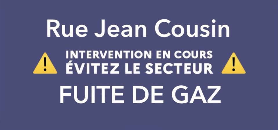 saintclement89's tweet photo. Suite à un accident de la circulation, importante fuite de gaz rue Jean Cousin. Pour faciliter le travail des secours et pour votre sécurité, évitez le secteur. En cas d’évacuation des riverains, le point de ralliement est : Mairie 📞0386831616 #SaintClement #Yonne https://t.co/2u9FqKcnHs