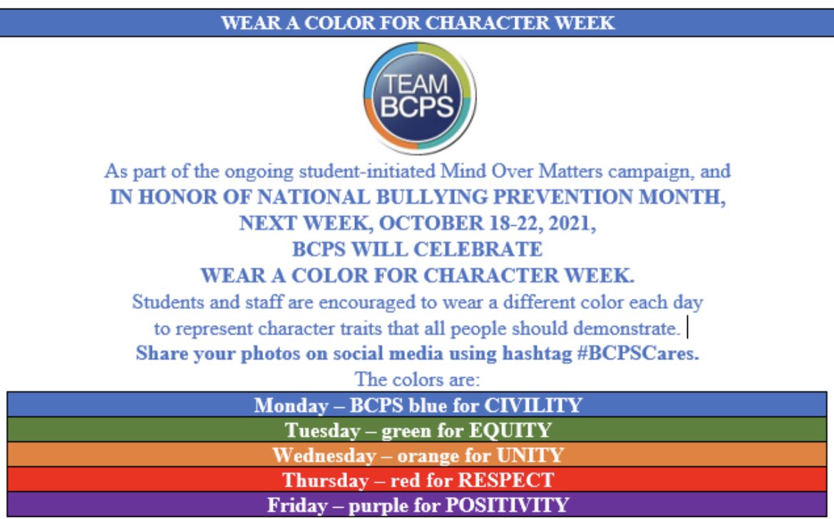 BCPS - Division of School Climate & Safety (@bcps_dscs) on Twitter photo Don’t forget! Wear A Color For Character Week - October 18-22, 2021! #BCPSCares @BCPS_Sup <a href="/BaltCoPS/">Baltimore County Public Schools</a> @SLister_BCPS <a href="/bcpstv/">BCPS-TV</a> <a href="/BCPS_SSW/">BCPS Social Workers</a> @bcpschoolpsychs <a href="/BcpsSafety/">BCPS School Safety</a> <a href="/TABCOEDUCATORS/">TABCO</a> Don’t forget! Wear A Color For Character Week - October 18-22, 2021! #BCPSCares @BCPS_Sup <a href="/BaltCoPS/">Baltimore County Public Schools</a> @SLister_BCPS <a href="/bcpstv/">BCPS-TV</a> <a href="/BCPS_SSW/">BCPS Social Workers</a> @bcpschoolpsychs <a href="/BcpsSafety/">BCPS School Safety</a> <a href="/TABCOEDUCATORS/">TABCO</a>