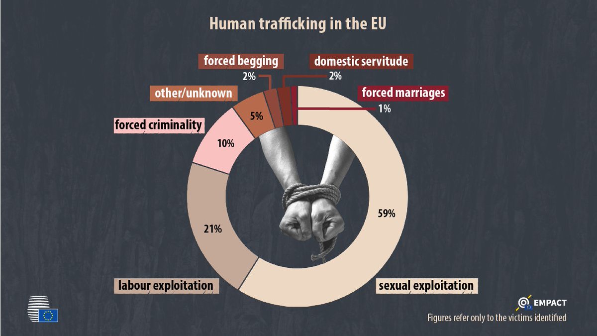Text on the visual:

Human trafficking in the EU
• sexual exploitation 59 %
• labour exploitation 21 %
• forced criminality 10 %
• other/unknown 5 %  
• forced begging 2 %
• domestic servitude 2 %
• forced marriages 1 %

The % are represented in a pie chart. Hands tied together with a rope represent the concept of human trafficking. There are two logos: Council and EMPACT.