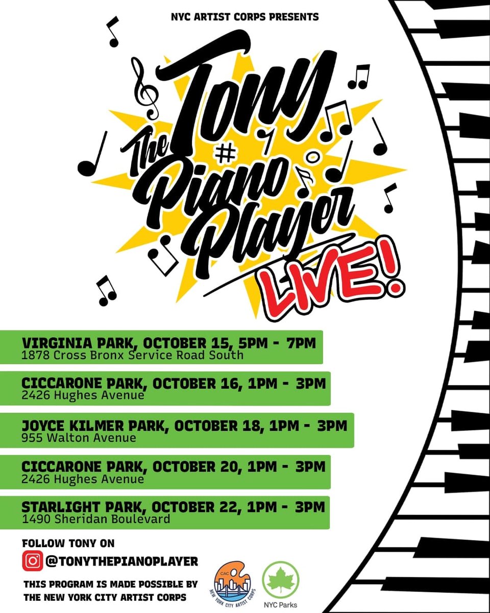 MARK YOUR CALENDARS! Tony The Piano Player has 5 FREE live shows coming up across <a href="/NYCParks/">NYC Parks</a> in The Bronx!

Made possible with a grant from <a href="/NYFACurrent/">NYFA</a>, he'll be performing contemporary hits at an <a href="/NYCParks/">NYC Parks</a> location near you. We'll see you there! 🎶 🎵 🎶🎵