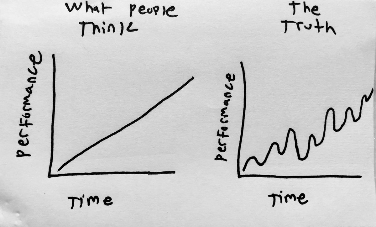 Myth: linear progress
Truth: peaks, valleys, and plateaus

This is why it’s so important to focus on the process over acute results; take a long view; and surround yourself with people who will support you when you’re down and provide gravity when you soar. Keep going.