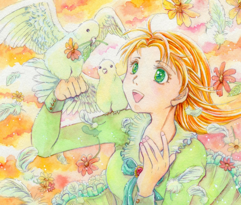あかりや 動物水彩イラスト 手描きの水彩画 鳩と少女 水彩紙はヴィフアール 一万年前から ずっと一緒 そんな前から鳩は人間の家禽 一次創作 オリジナル アナログ 水彩画 動物 雑貨 画材 鳥 鳩 ファンタジー メルヘン 女の子
