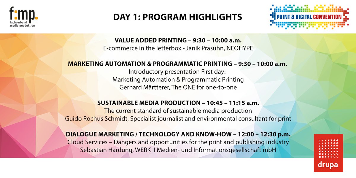 drupa's tweet photo. Today we give you a #preview of our morning program of Day 1 of #PrintDigitalCon. Surely, you won't want to miss lecture highlights like "The Current Standard of #Sustainable #MediaProduction" or "#Cloud Services - Threat and Opportunity for the #Print and #Publishing Industry". https://t.co/ZLJt6tcR1h