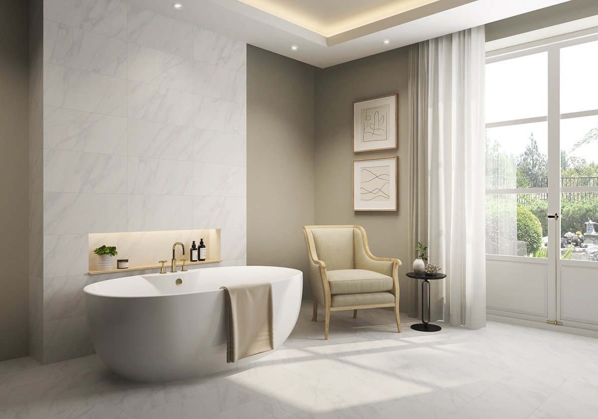rocatileusa's tweet image. Carrara, a true classic! With soft tones and delicate lines, this glazed porcelain tile recreates a stone with Greco-Roman influence keeping it on trend in modern times.
