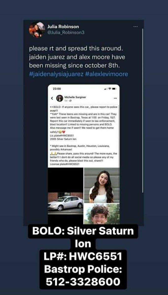 mlynn0709's tweet photo. @Austin_Police 
🗣Safety Alert1🛑 Missing teens from Bastrop!! Alex has been in contact with his mother but we have not heard from our daughter Jaiden in a week!! Spread the word, help is bring her home🙏
#findjaidenalysiajuarez
#findalexlevimoore https://t.co/p0yTixFzHQ