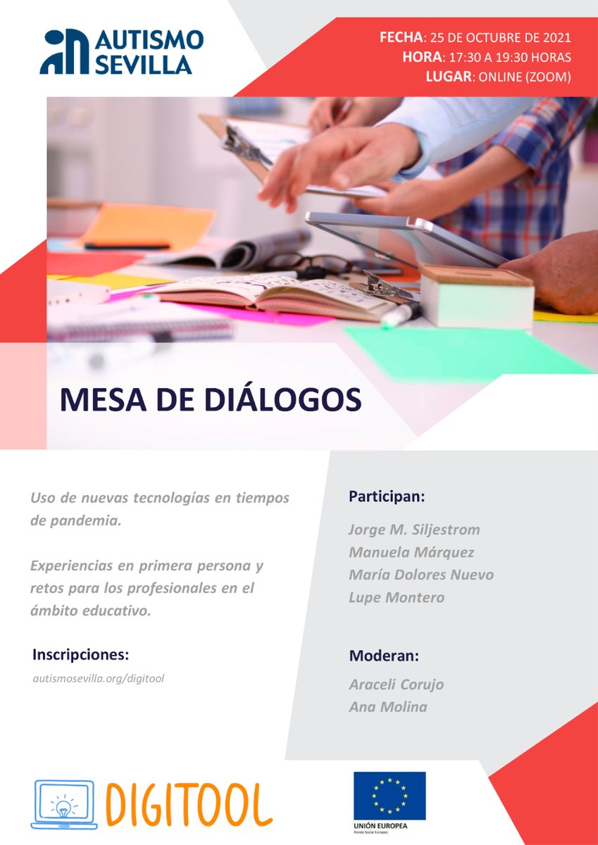Autismo_Sevilla's tweet photo. ▶️ Mesa de diálogos: Uso de nuevas tecnologías en tiempos de pandemia, enmarcada en el Proyecto Europeo #DigiTool.
El próximo 25 de octubre de 17:30h. a 19:30h.
¡Inscripciones abiertas y gratuitas!
https://t.co/F9fdWnK9Aw https://t.co/BMkhQJ8jW6