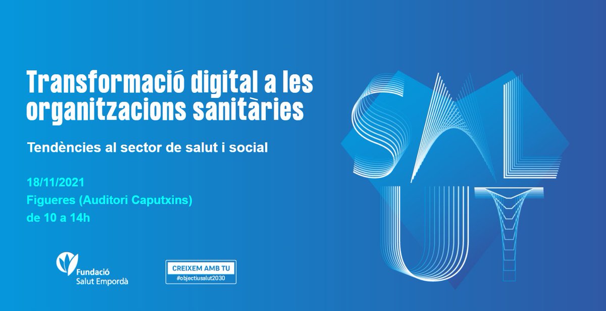 BigSafeboxData's tweet photo. Jornada gratuita patrocinada por BSBData: #transformacióndigital en las organizaciones sanitarias - tendencias en el sector de salud y social.
📅 18/11/2021
🕙 10:00 - 14:00
📍 Auditori Caputxins de Figueres
Toda la información: https://t.co/MJWZ8Xkelu
#saluddigital #BSBData https://t.co/yw8ghS2b7c