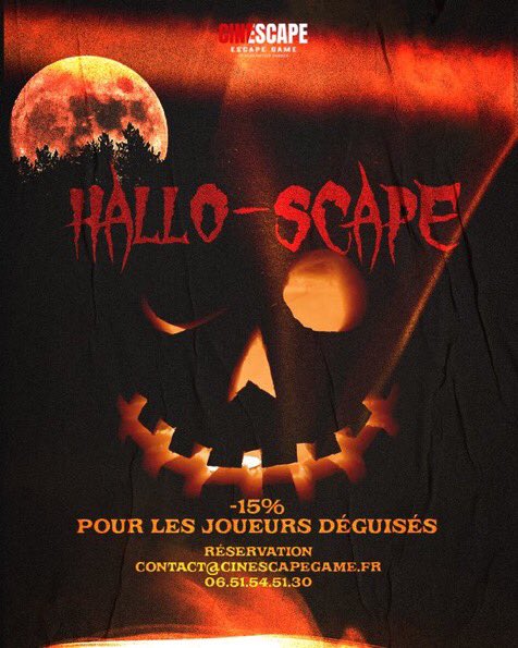 CinescapeGame's tweet photo. Bonjour à tous. Pour fêter Halloween et vous amusez avec nous. Nous vous proposons une journée avec 15% de réductions. À bientôt chez Cinescape https://t.co/3SEwMdmhpG
