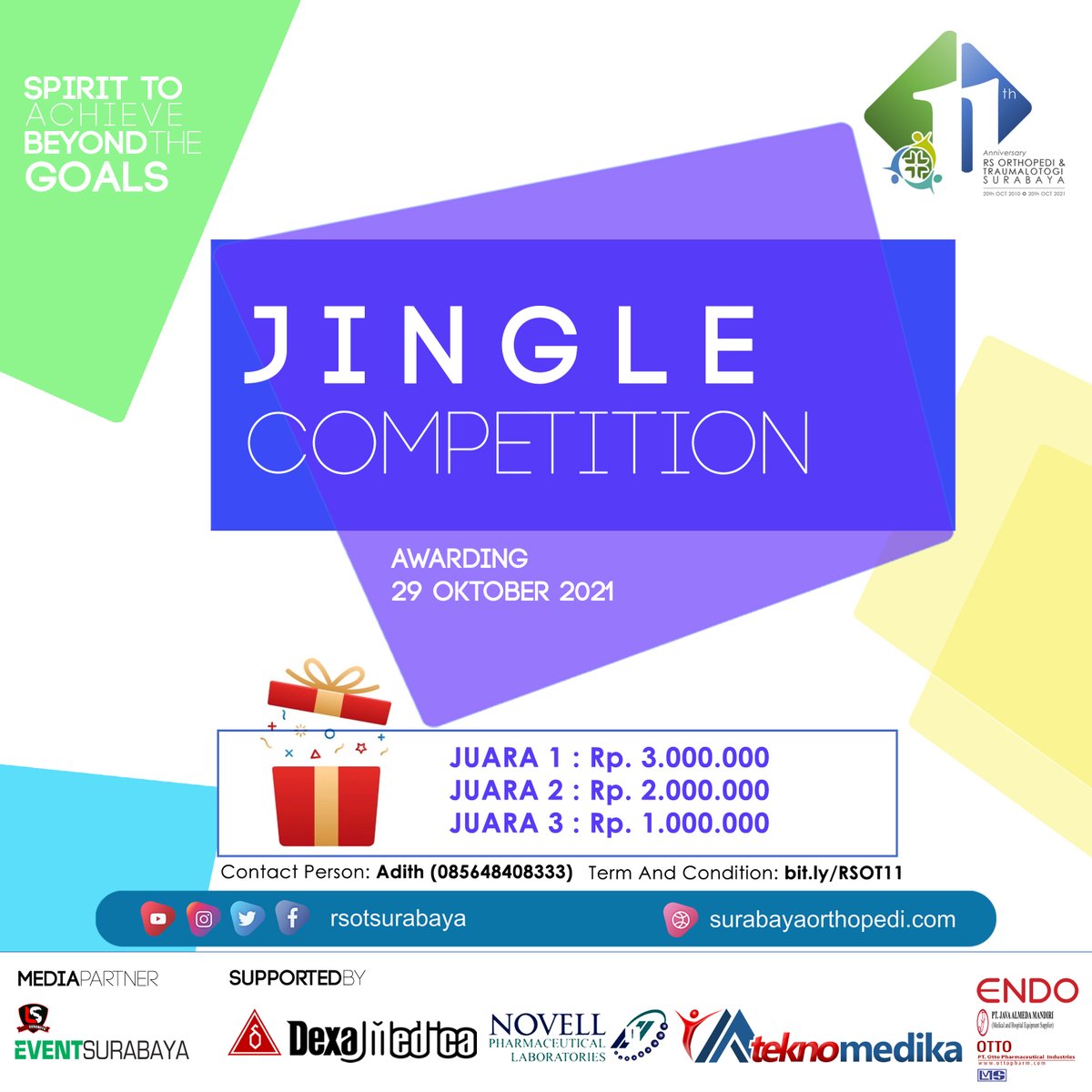 eventsurabaya's tweet photo. Yuk ikuti Jingle Competition HUT 11 RSOT Surabaya Download ketentuan di https://t.co/jpAYmFDd9b Raih kesempatan menjadi pemenang dgn total hadiah uang tunai jutaan rupiah jgn lupa follow dan tag IG @rsotsurabaya ya #HUT11RSOT #reelscompetition #photocompetition #jinglecompetition https://t.co/tdnquZeybp