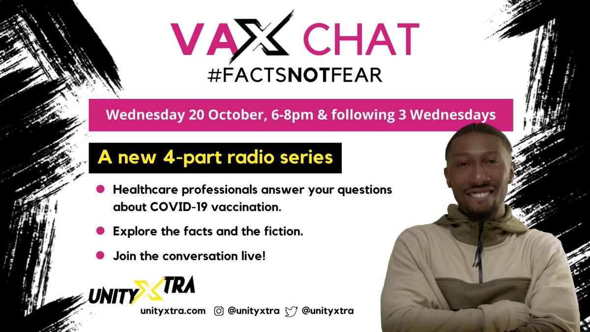 UnityXtra's tweet image. New to UnityXtra!
Join us at 6pm on Weds 20th October for Vax Chat, a new 4-part radio series exploring the facts &amp;amp; the fiction around the Covid-19. @haringeycouncil 
#vaxchat #factsnotfear #covid19 #vaccination #nhs #vaccine #coronavirus #haringey #jointheconversation