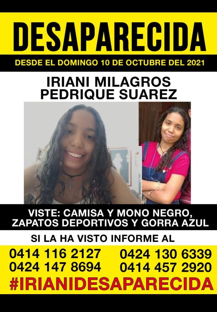 Lucelia57386029's tweet photo. Continuamos amigos en esta búsqueda de mi sobrina, agradezco a todos mis contactos por la difusión y les pido hoy día #6 seguir ayudando a Difundir por las distintas redes sociales
#IrianiDesaparecida 
@traffiCARACAS @isnardi @RCamachoVzla @fullchola @NTN24ve @noticierovv https://t.co/6eClkT1Q53
