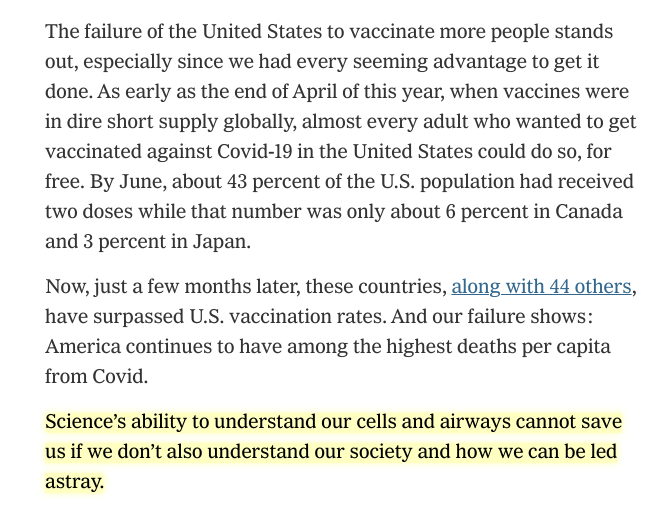 72% of the unvaccinated said they'd quit after a mandate. In real life, few do. Studies show older people are vulnerable to misinformation and Fox News, and yet almost all are vaccinated. What explains this? My piece of the sociology of the unvaccinated. nytimes.com/2021/10/15/opi…