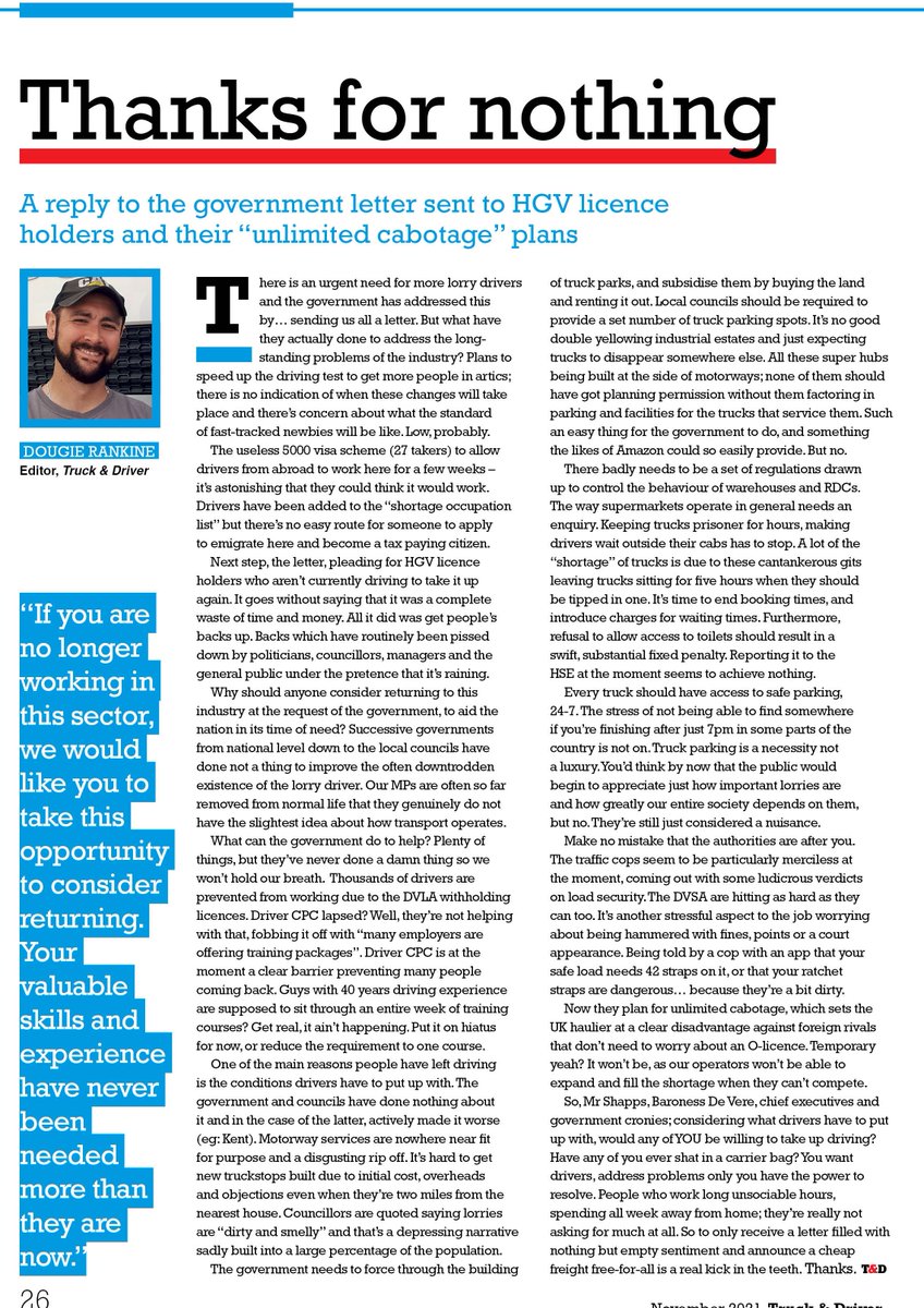 A response to the government's letter to HGV drivers and their proposal to allow unlimited cabotage. This is published in next week's magazine, but at the rate things happen just now, it's best to put it online today. Hopefully it's readable on mobile devices