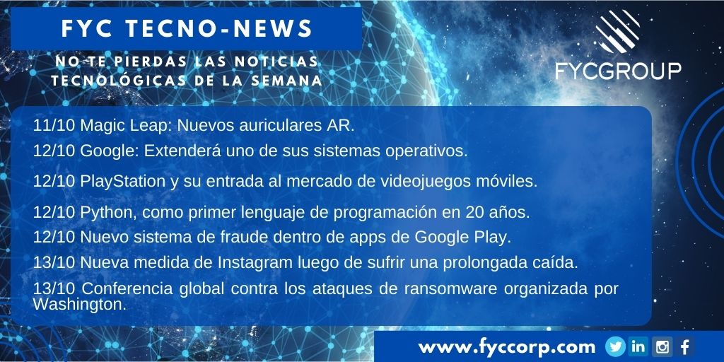 fycgroup's tweet photo. Las #FYCTECNONEWS de la semana
Detalles de las noticias en: https://t.co/UXRJacdH0q
#ActualidadTecnologica #MagicLeap #GoogleFuchsia #PythonProgramming #Ransomware #Telecomunicaciones #NoticiasdeTecnologia #AtencionRemota #FycGroup https://t.co/bDNZ540Ge4