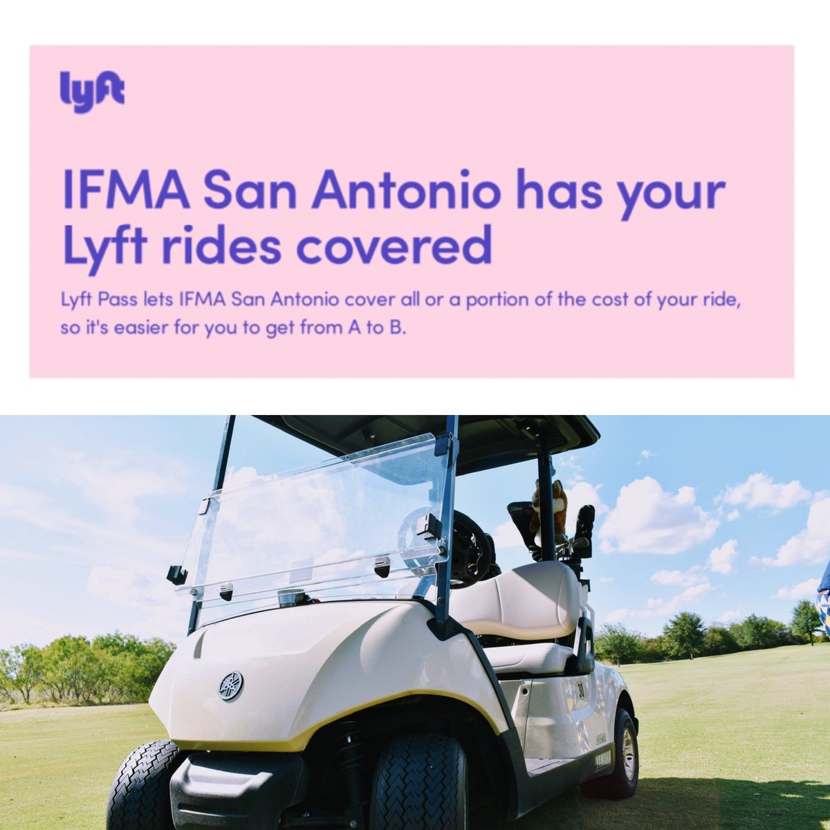 IFMASAT's tweet photo. ⛳️❗️TODAY ❗️⛳️ We have you covered with Lyft! The only wheel you should behind with a buzz is a golf cart. #RideSafe #Lyft #IFMA #IFMASA https://t.co/8UNvRjbi1a