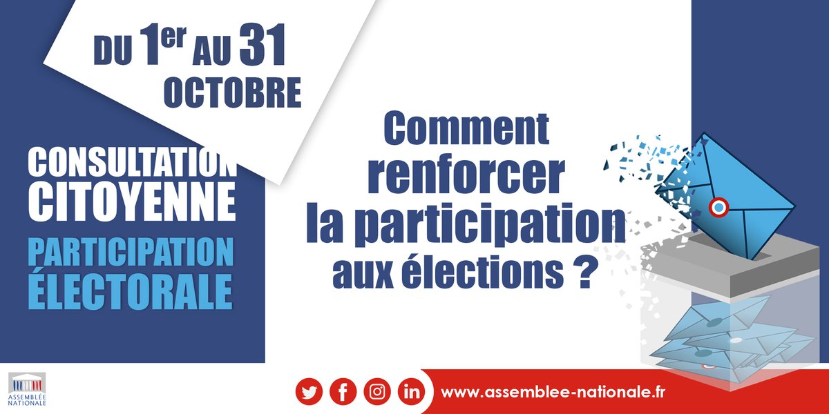 AssembleeNat's tweet photo. #ParticipationElectorale | En juin 2021, 65% des électeurs ne sont pas allés voter au 2nd tour des élections départementales et régionales.
Comment expliquer la baisse de la participation électorale ?
🗳️ Participez à la consultation citoyenne ➡️ https://t.co/dR9eXvWcUO
#DirectAN https://t.co/Xs6ftIAE0p