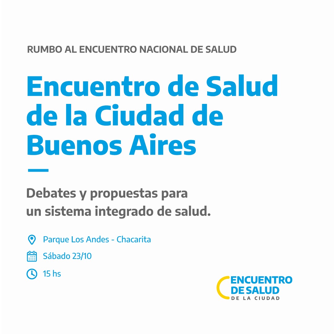 ☀️ Encuentro de Salud de la Ciudad de Buenos Aires
Hacia el encuentro nacional de salud. ☀️

El sábado 23 de octubre nos encontramos en el Parque Los Andes a las 15hs para discutir la salud que queremos para la Ciudad.