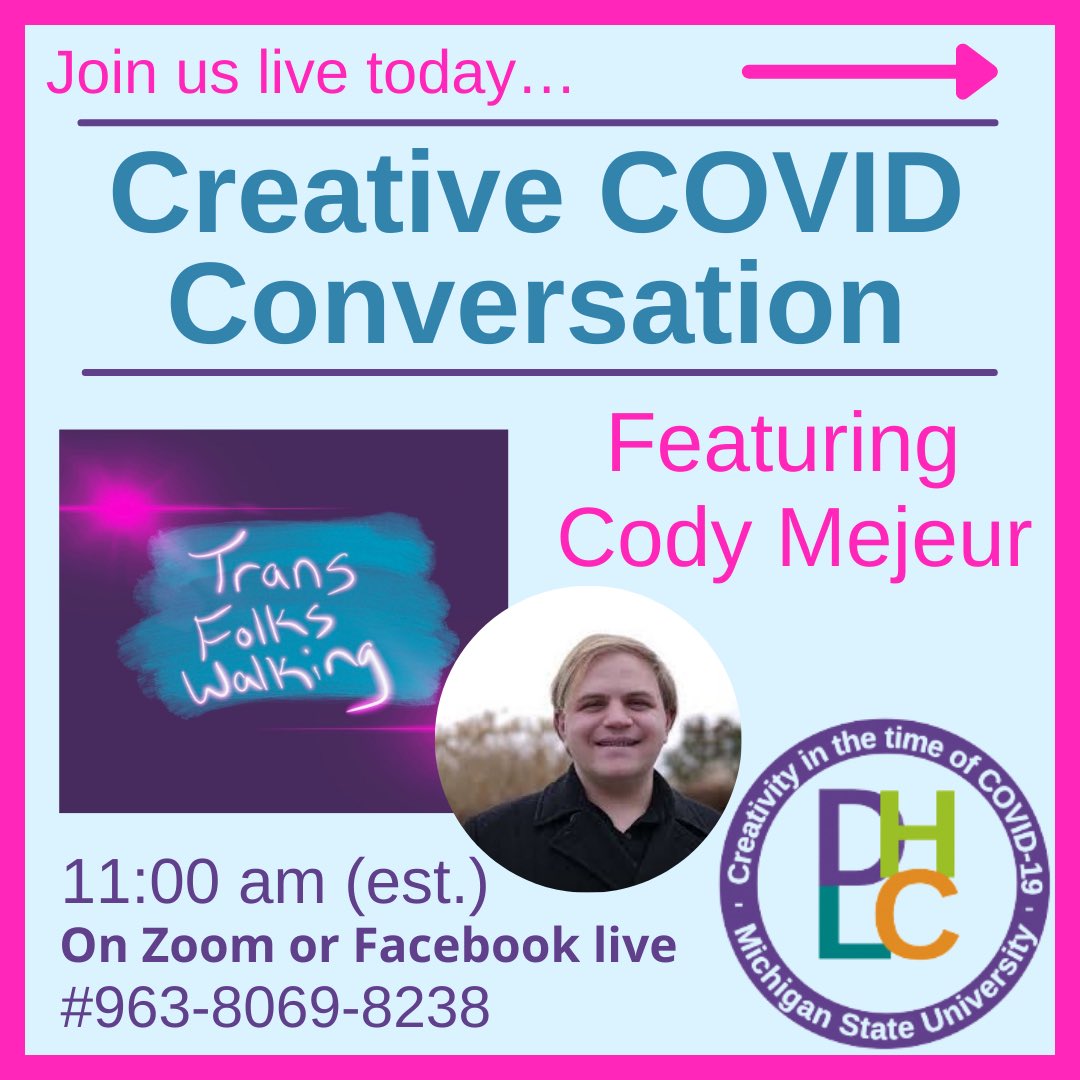 CognitiveDH's tweet photo. Today at 11 am, you can listen in on our conversation with Cody Mejeur! To watch, go to https://t.co/civr9wYLHR and search @ MSUDHLC in the search bar to find our page, where you should see our public broadcast in progress &amp; have the option to play the livestream. See you there! https://t.co/EFV2YakVdC