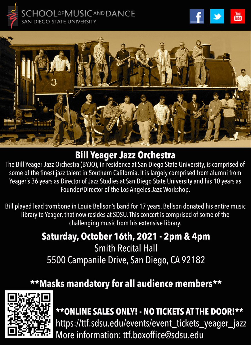 Tomorrow at 2pm and 4pm (best availability). Online ticket sales only - no tickets at the door! Masks must be worn inside the venue. ttf.sdsu.edu/events/event_t… #jazz #jazzorchestra #louiebellson #sdsumusicdance #sdsu