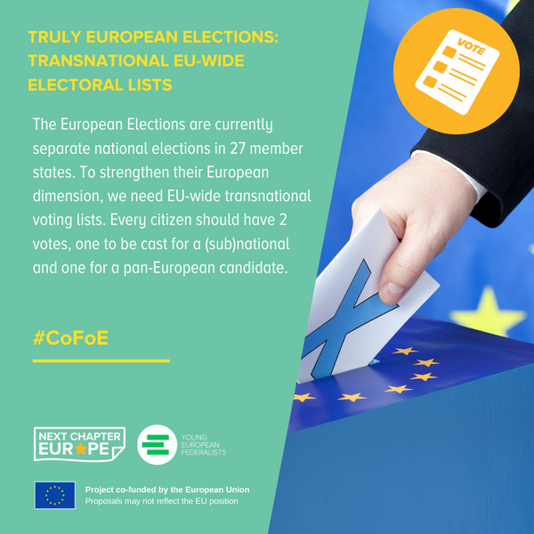 JEF_Europe's tweet photo. We need the possibility to vote for pan-European candidates in addition to national ones. 

#TransnationaLists will give us a chance to strengthen the European dimension of the elections to the @Europarl_en.

Read our #CoFoE proposal 👇
https://t.co/EKfsd6DCod
#NextChapterEurope https://t.co/ruaAPwok0X
