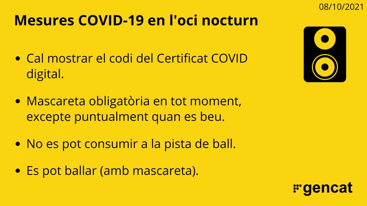 gencat's tweet photo. Si vas a bars musicals i #discoteques, recorda:
📲 Has de mostrar el #CertificatCOVID digital. Descarrega-te'l a https://t.co/4p4RWz9QPr.
😷 La #mascareta és obligatòria en tot moment, excepte quan beus.
Tota la informació a https://t.co/NcZSiEK5iP https://t.co/Uqvo6V8MrX