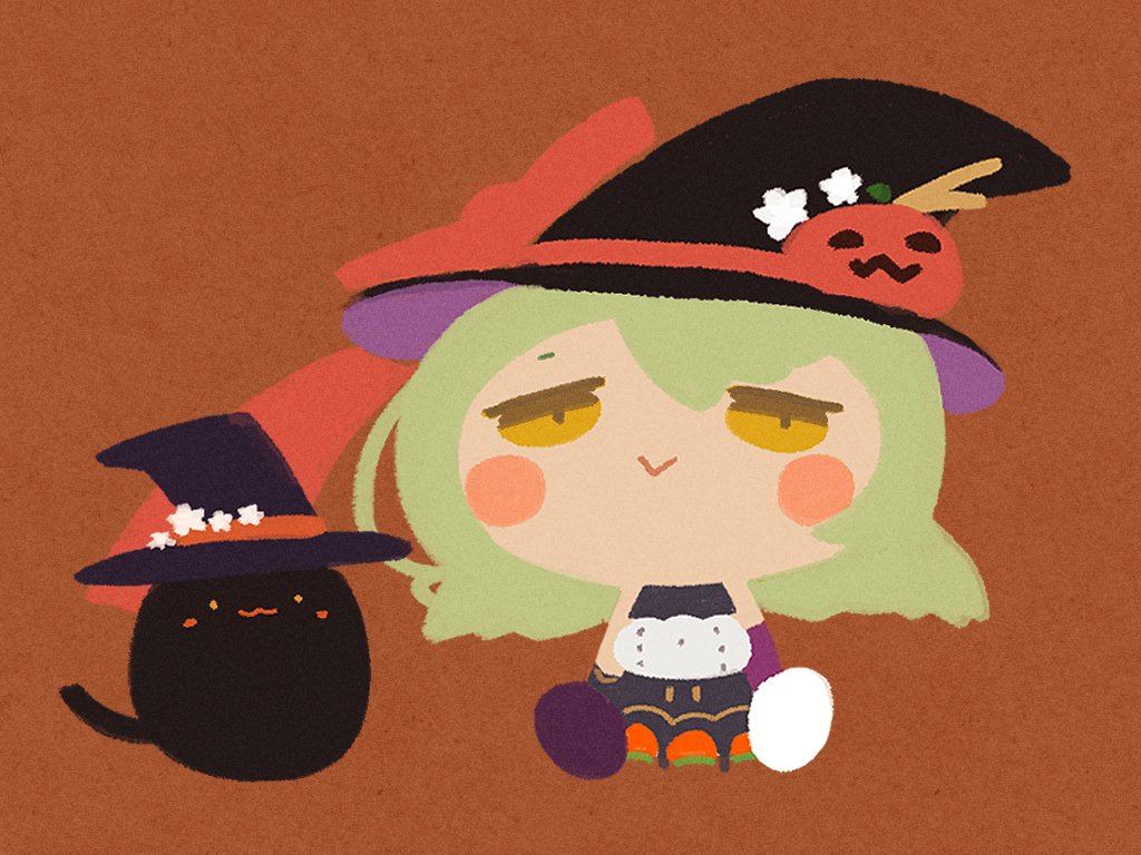 hat witch hat 1girl green hair yellow eyes cat chibi  illustration images