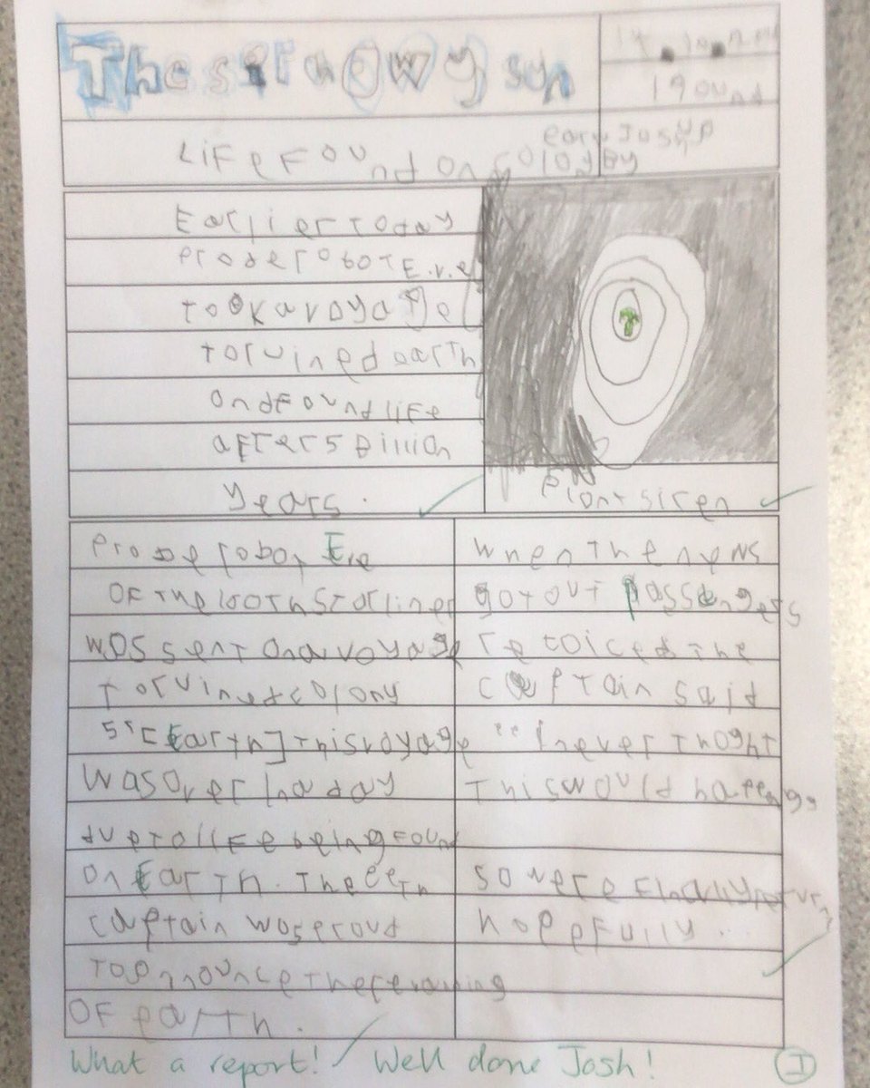 islwynsrb's tweet photo. More outstanding work has been created in Sirhowy this week. We wrote newspaper articles for ‘The Sirhowy Sun’ to explain about life being found on Earth in Wall.E and attacked the @ActivAll_ boards in combat mode for PE. #purposefulreading #sportingcompetition https://t.co/zbtk8AI5ln