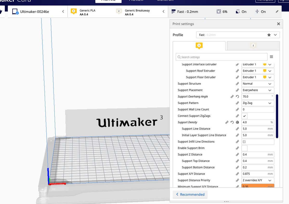 Gavin02639495's tweet photo. @ecken Look at my Cura current settings, the 'Support Z Distance' is set to 0.4. Maybe, I should have used my #2 breakaway instead of the PLA. https://t.co/qj9aHgaGoB