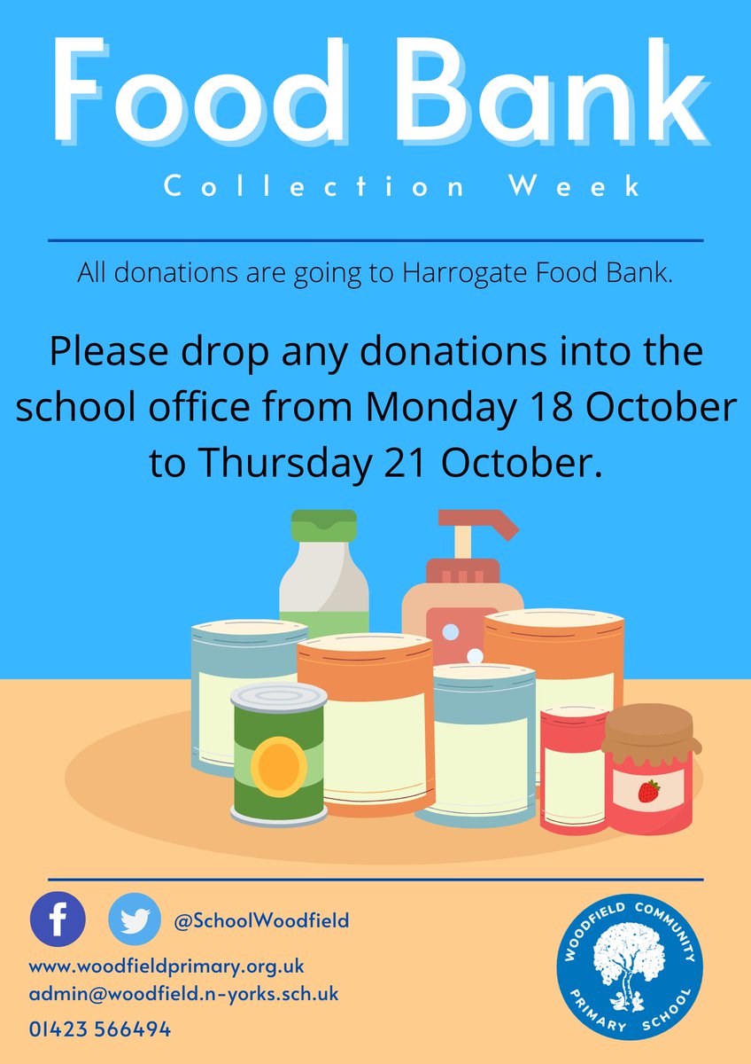 SchoolWoodfield's tweet photo. As part of our #HarvestFestival Celebrations, we will be collecting donations for the @FoodbankHG1. Any donations can be brought into school and placed in the box in reception during next week. Thank you in advance for your generosity. #foodbank #primary #community https://t.co/Z0Zdcb72H6