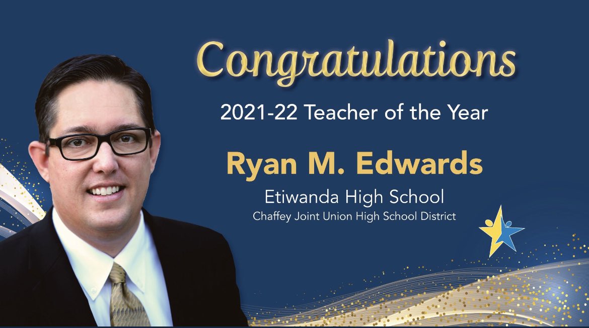 CJUHSD's tweet photo. San Bernardino County Teacher of the Year! Congratulations to EHS’s Mr. Edwards! @EtiwandaRed https://t.co/LTwWVCTyag