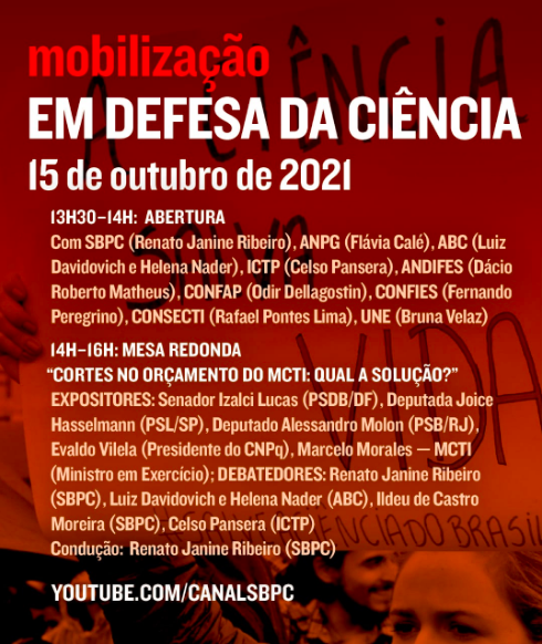 A 'Mobilização em Defesa da Ciência' reúne parlamentares e representantes de entidades da área de CT&amp;I, logo mais, às 13h30, na mesa-redonda “Cortes no orçamento do MCTI: Qual a solução?”. 

Assista no YouTube da <a href="/SBPCnet/">SBPC</a>. youtube.com/watch?v=pqo9Rm…

#SOSCiência #LiberaFNDCT