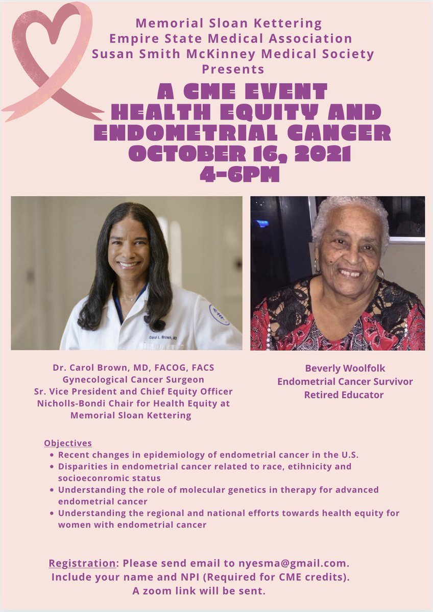 EmpireStateNMA's tweet photo. #CME Event: October 16, 2021
Health Equity and Endometrial Cancer with Dr. Carol Brown from Memorial Sloan Kettering. Also, hear from Beverly Woolfolk, an educator and endometrial cancer survivor. 

Register to receive link!
#ESMA #SSMS https://t.co/7271zRNXem