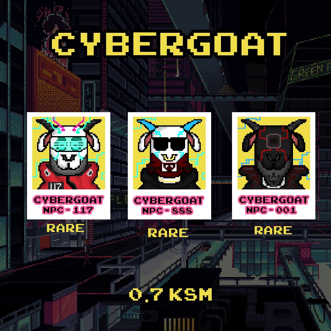 InfinityMindKSM's tweet photo. Remember NPC Night City? ๐๐
๐ We introduce our new friends from various gangsters in this city,
We hope everyone stays in harmony when the CyberGoat come !!๐
Sale and Minted : https://t.co/033Ah7BmZd
#KusamaGoat #CyberGoat #Rmrk #Singular #Dotsama #Kusama #Polkadot https://t.co/uUxZ8P1yi7