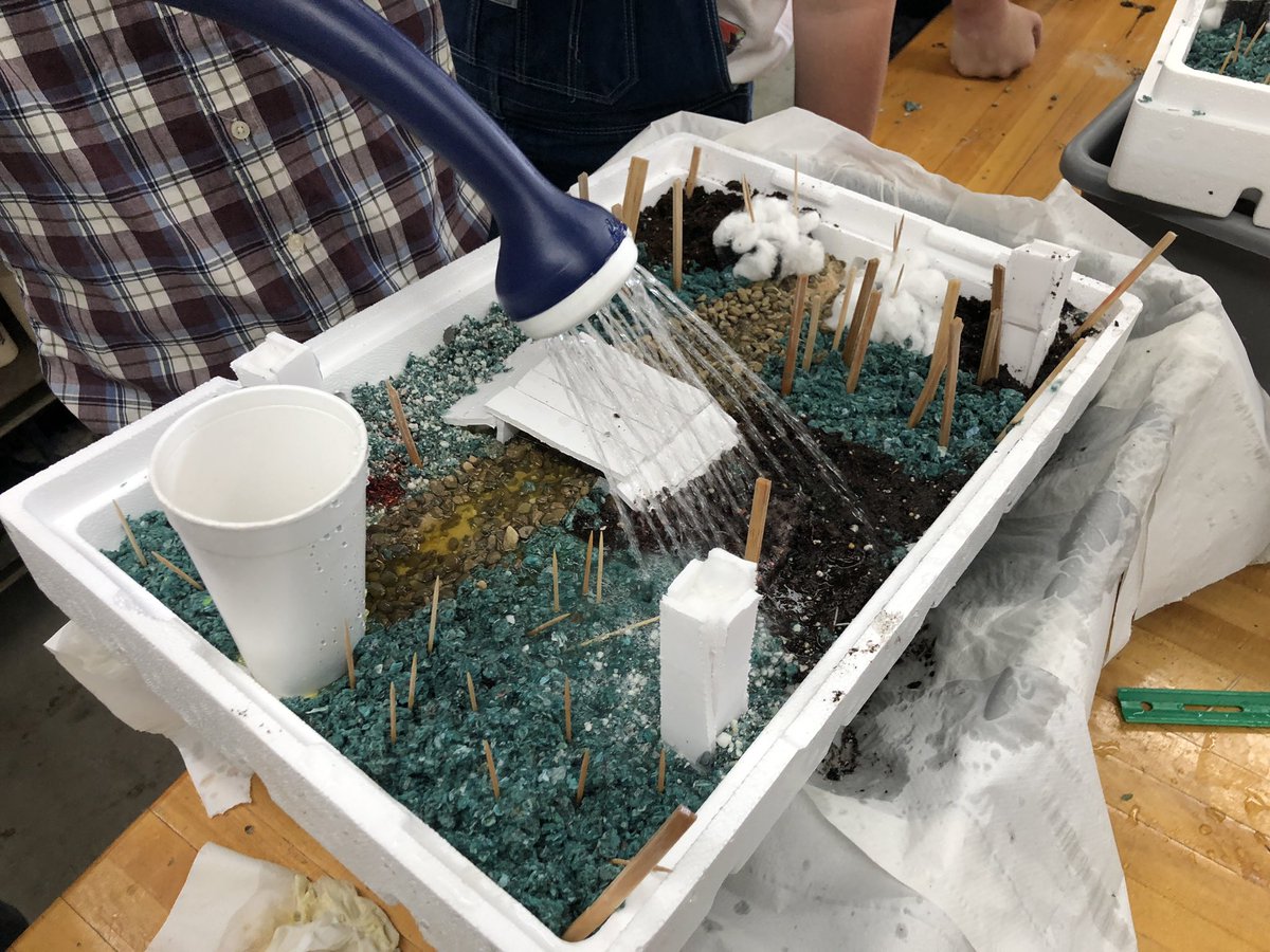 BWitmer20's tweet photo. Students had to create a landscape to observe how water moves through the area. Using food coloring, we added different pollution events to see how all parts of the landscape interact and what pollution will seep through the surface! The paper towels show the results! #TeachAg https://t.co/u46jjjEhJ7