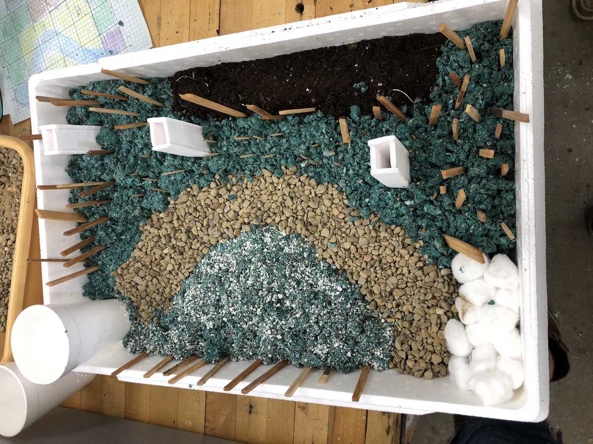 BWitmer20's tweet photo. Students had to create a landscape to observe how water moves through the area. Using food coloring, we added different pollution events to see how all parts of the landscape interact and what pollution will seep through the surface! The paper towels show the results! #TeachAg https://t.co/u46jjjEhJ7