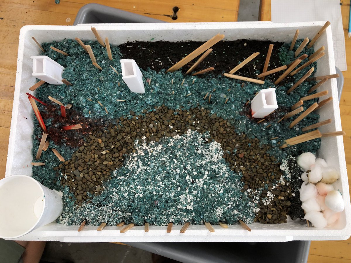 BWitmer20's tweet photo. Students had to create a landscape to observe how water moves through the area. Using food coloring, we added different pollution events to see how all parts of the landscape interact and what pollution will seep through the surface! The paper towels show the results! #TeachAg https://t.co/u46jjjEhJ7