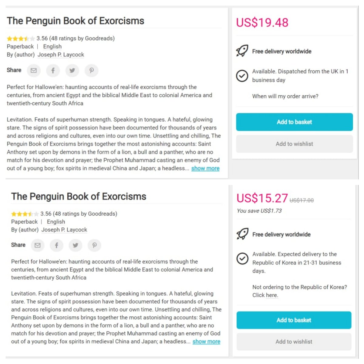 AlexSRWalsh's tweet photo. @bookdepository @BD_help I am still waiting for an explanation as to why the prices of your books are different depending on where the customer orders from, even if the delivery address is the same? Top = price shown to me. Bottom = price shown to my mother. https://t.co/eoamitR2PF