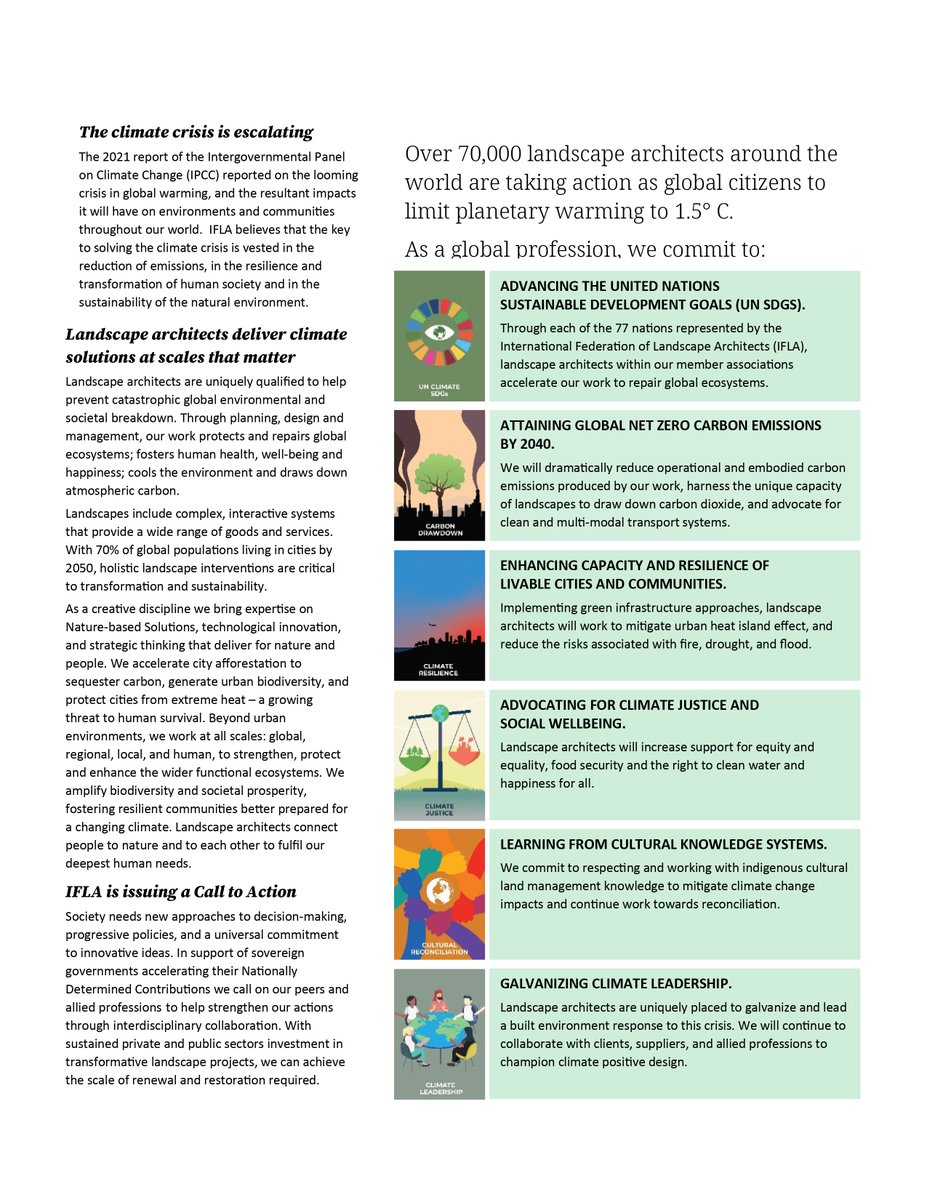 CLIMATE ACTION COMMITMENT
We, Landscape Architects, as global citizens, are taking action towards combating climate change. Through our member national associations, our members commit to accelerate the process of repairing the global ecosystem. #IFLAatCOP26
#TogetherForOurPlanet